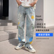 美式潮牌牛仔褲男2025春夏款印花褲子高級(jí)感寬松垂感慵懶風(fēng)直筒褲 藍(lán)色 19007 XL 體重 73-79kg