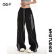 QGF騏驥紅工裝褲女美式復古條紋運動(dòng)褲春秋夏潮爵士舞hiphop直筒褲子 黑色 L 【建議110-130斤】