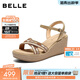 百麗編織貼鉆休閑涼鞋女2026夏新商場(chǎng)同款坡跟增高涼鞋F5J1DBL6 杏色 38