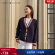 Tommy Hilfiger【羊毛羊絨混紡】秋冬女裝休閑慵懶拼色寬松V領(lǐng)開(kāi)衫毛衣外套 藏青色DW5 S