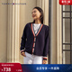 Tommy Hilfiger【羊毛羊絨混紡】秋冬女裝休閑慵懶拼色寬松V領(lǐng)開(kāi)衫毛衣外套 藏青色DW5 S