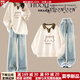 碧彩雅女童春季衛衣套裝新款洋氣青少年衣服女孩休閑衛衣牛仔褲兩件套潮 杏色+牛仔褲（春秋款） 165 （L）碼【建議105-120斤】