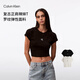 Calvin KleinJeans夏季女士活力少女感休閑ck刺繡時(shí)尚辣妹正肩羅紋短袖T恤 UB1-太空黑 S