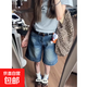 復古辣妹五分褲牛仔短褲女夏季低腰5分褲寬松設計感直筒闊腿中褲 藍色【升級重磅水洗料】 L