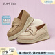 百思圖26春新款一腳蹬草編漁夫鞋厚底樂(lè )福鞋女松糕鞋單鞋B0515CA5 米色（經(jīng)典款） 37