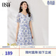 歐莎（OSA）短袖雛菊碎花連衣裙女士夏季新款仙女氣質(zhì)裙子 白底藍花 S