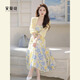 艾蔓婕夏季碎花吊帶連衣裙多巴胺穿搭輕奢高級感女人味大方得體兩件套裝 米黃色開(kāi)衫+吊帶連衣裙 M 建議（95-105斤）