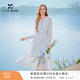 香影法式v領(lǐng)連衣裙女長(cháng)袖2026春季新款藍色印花度假風(fēng)a字收腰裙子 藍花 M 160/84A/95-110斤