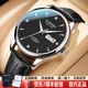 冠琴（GUANQIN）手表男款機械表男士手表夜光防水全自動(dòng)瑞士認證男表雙日歷商務(wù)表 本黑黑皮/免費刻字/禮盒包裝