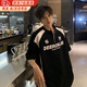 棉之雪短袖男款黑白拼接球衣t恤男生美式穿搭半拉鏈機車短袖夏重磅衛衣 黑色 XL 【165CM-175CM】