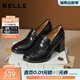 百麗（Belle）復古抓皺面羊皮樂(lè )福鞋女2026春新粗跟氣質(zhì)通勤單鞋B2948AA6 黑色 37 (235mm)