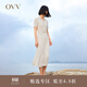 OVV春夏熱賣(mài)女裝復古優(yōu)雅翻領(lǐng)短袖休閑彈力針織連衣裙 米杏條紋14 L