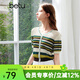 百圖betu女裝夏季新款毛針織衫V領(lǐng)撞色條紋鏤空短袖上衣女2406T02 綠條紋 L