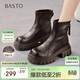 百思圖25冬商場(chǎng)高跟粗跟女短靴厚底增高馬丁靴F6012DD5 棕色 38