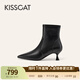 接吻貓KISSCAT【巴黎側影】25冬尖頭細跟真皮短靴加絨時(shí)裝靴瘦瘦靴 黑色-羊皮 37