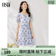 歐莎（OSA）短袖雛菊碎花連衣裙女士夏季新款仙女氣質(zhì)裙子 白底藍花 S