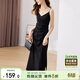 尚都比拉設計感抽褶收腰顯瘦中長(cháng)款V領(lǐng)吊帶連衣裙夏季修身小黑裙 黑色 M 