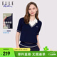 ELLE ACTIVE假兩件針織t恤女士夏季學(xué)院風(fēng)條紋V字翻領(lǐng)顯瘦百搭休閑短袖上衣 寶藍色 2XL