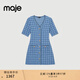 Maje2025秋冬女裝法式時(shí)尚花呢藍色單排扣開(kāi)合門(mén)襟V領(lǐng)收腰連衣裙 藍色 S