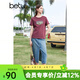 百圖betu女裝春夏新款T恤美式字母圖案正肩卷邊短袖T恤女2403T26 酒紅 M