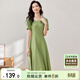 尚都比拉短袖連衣裙女夏季時(shí)尚通勤中長(cháng)款a字裙釘珠收腰顯瘦裙子 綠色 L