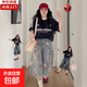 顯瘦胖mm大碼復(fù)古小熊刺繡破洞牛仔短褲女夏季破洞寬松闊腿七分褲 【梨型顯瘦可愛百搭】藍(lán)色 4XL 【建議155-175斤】