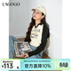 LAGOGO【出游系列】插肩袖顯瘦上衣女拉谷谷春秋新款翻領(lǐng)印花T恤 米黑(TW) XL