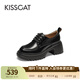 接吻貓KISSCAT【奧利奧】厚底增高樂(lè )福鞋新款真皮系帶小皮鞋學(xué)院風(fēng)單鞋 黑色 35