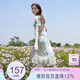 三彩2025夏季新款荷葉邊印花雪紡裙連衣裙度假風(fēng)長(cháng)裙F