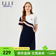 ELLE ACTIVE不規則撞色拼接減齡連衣裙夏季時(shí)尚百搭圓領(lǐng)短袖休閑打球運動(dòng)裙 藏青/白 L