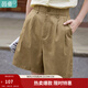 茵曼（INMAN）闊腿五分褲女士夏季新款松緊顯瘦高腰直筒休閑新疆棉短褲 深卡其 S