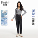 百斯盾棉氨牛仔褲女2026春夏新款顯高顯瘦經(jīng)典復古撞色小皮標九分小垮褲 深黑色-NE3V0823601 31 （2.46尺/170/78B）