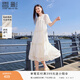 香影（xiangying）米色絕美雪紡連衣裙女2026夏季新款泡泡袖蕾絲系帶圓領(lǐng)仙女裙 米色 M