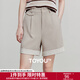 初語(yǔ)拼接條紋翻折短褲女2025夏季新款復古通勤休閑褲百搭闊腿褲 卡其色 M