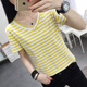 妃麗慕尚（FEILIMUSHANG）2025夏季新款正肩V領(lǐng)條紋短袖T恤女韓版寬松顯瘦遮肚半袖上衣 35條紋-黃色 L 建議95-115斤