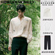 聲猴新中式立領長袖t恤男春秋季2025新款飛鶴蘇繡刺繡復古國風套裝男 杏色襯衫+白短T+休閑西褲【三件套】 L