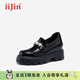 iiJin艾今2025新款9cm超輕厚底內增高珠花時(shí)尚百搭休閑樂(lè )福皮鞋女724DKA 黑色 37