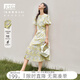對白法式浪漫碎花連衣裙女2026夏季新款氣質(zhì)花苞袖度假風(fēng)百褶長(cháng)裙 黃色碎花 M