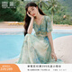 香影海邊度假暈染連衣裙女2026夏季新款民族風(fēng)波西米亞v領(lǐng)雪紡裙 綠花 連衣裙  M 160/84A/95-110斤