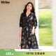 MsShe大碼女裝2026新款春裝胖mm印花雪紡高端顯瘦媽媽碎花連衣裙 黑色現貨 3XL