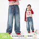 茵曼（INMAN）童裝女童牛仔褲草莓刺繡春秋季中大童寬松休閑褲女孩褲子 牛仔藍 140