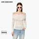 ANN ANDELMAN漸變印花毛織一字肩溫柔針織衫別致露肩褶皺收腰上衣 杏色 S