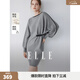 ELLE綿羊毛一字領(lǐng)連衣裙女2026春季新款撞色設計感小眾時(shí)尚毛衣裙 中灰 L