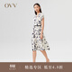 【抽象筆刷印花】OVV22春夏新款女裝23MM重縐真絲包肩短袖連衣裙 米白花紋07 S