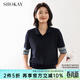SHOKAY柔軟經(jīng)典翻領(lǐng)提花套衫短袖T恤女士輕奢休閑百搭通勤風(fēng)女裝春裝 墨藍 S