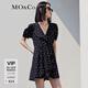 MO&Co.泡泡袖V領(lǐng)收腰蠶絲連衣短裙法式波點(diǎn)小黑裙摩安珂 黑白波點(diǎn)色 M