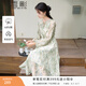 香影新中式綠色印花連衣裙女2026春季新款系帶圓領(lǐng)收腰長(cháng)袖碎花裙 綠色 S