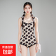 連體泳衣女夏季新款日系復古碎花吊帶遮肚顯瘦小胸聚攏高級感泳裝 黑色 XL 【建議120-130斤】