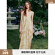 ELLE復古文藝印花吊帶連衣裙女2026夏季新款設計感時(shí)尚優(yōu)雅a字裙 黃色 S