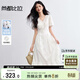 尚都比拉純棉花邊V領(lǐng)燈籠袖白色連衣裙女夏季氣質(zhì)珠扣繡花A字裙顯瘦中長(cháng)裙